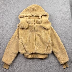 Alo Foxy Sherpa Jacket Womens XS Beige Camel Full-Zip Removable Hood Fleece